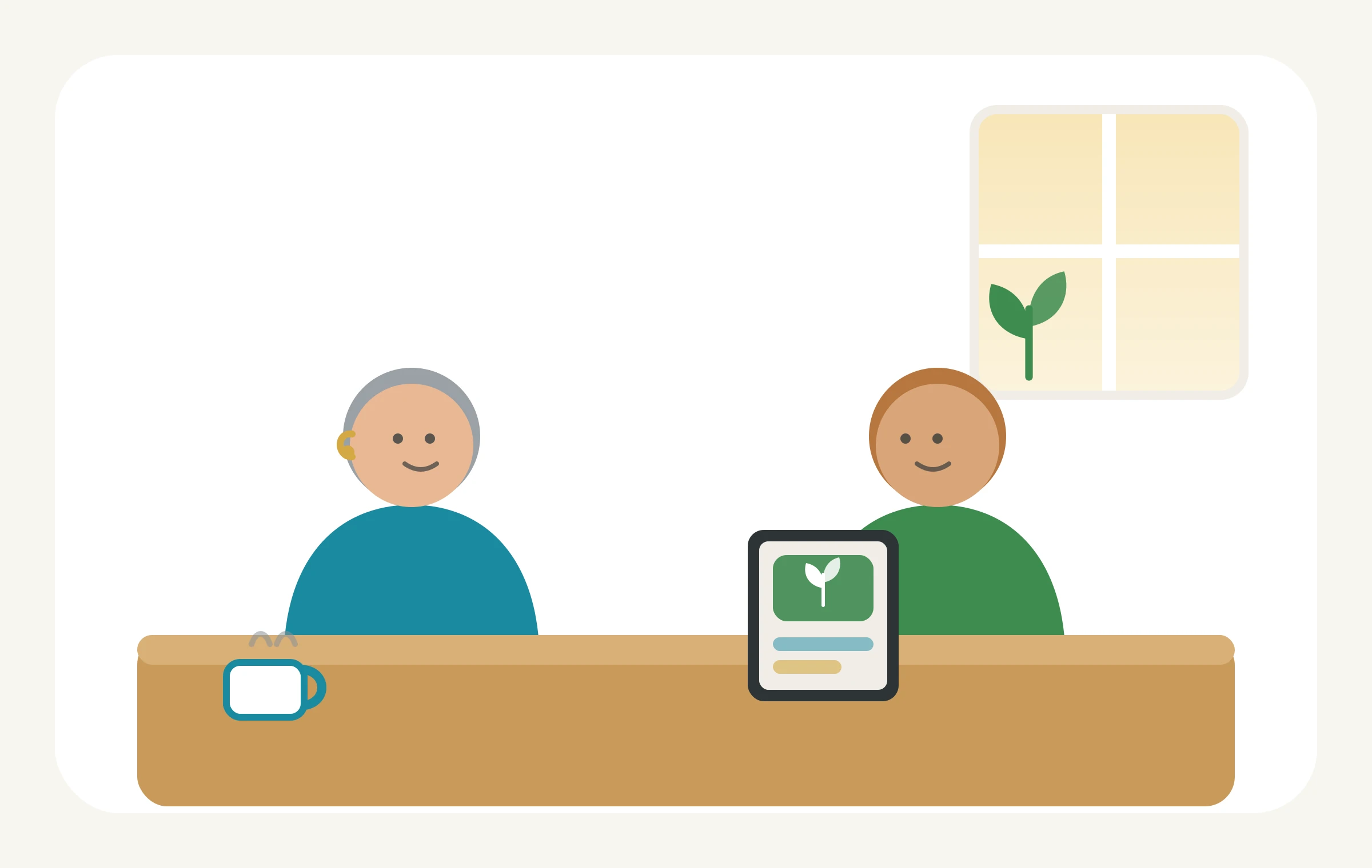 A calm illustration of an older adult having a relaxed conversation across a kitchen table in soft daylight, a hearing aid just visible, with a tablet showing a quiet Treeny brain-training session resting nearby.